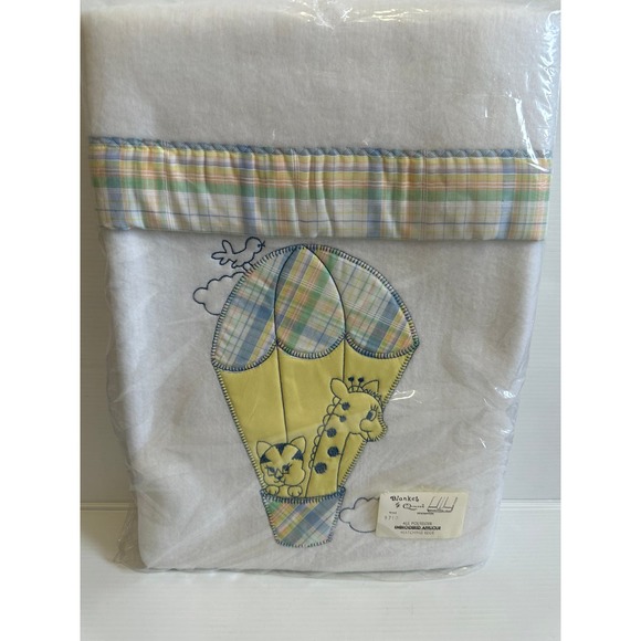 Blanket by Quiltex Hot Air Balloon Plaid Giraffe Cat Applique Baby White Vtg NEW - Picture 4 of 6